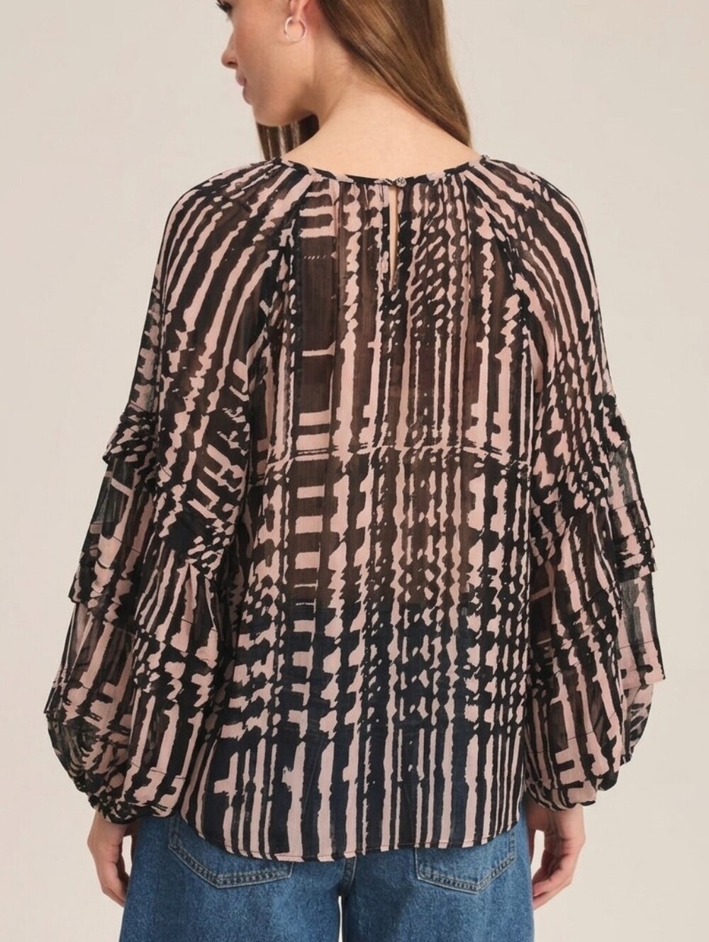 MISA Los Angeles Printed Sheer Blouse 🌸 size S ptp 21" Black & Smoky Rose - Picture 2 of 11